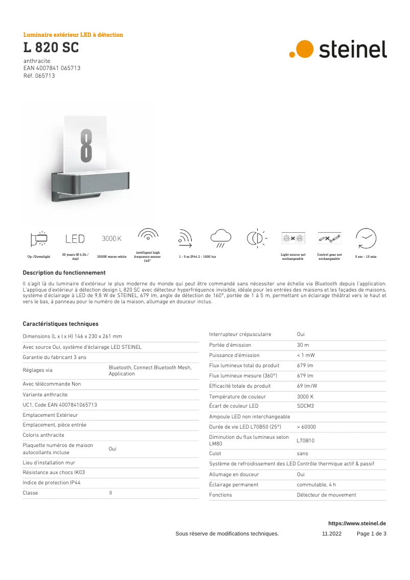 Página 1 del manual Ficha técnica Steinel L 820 S