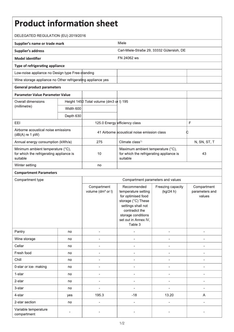 Página 1 del manual Ficha técnica Miele FN 24062 WS