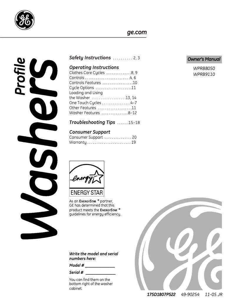 Imagen de la primera página del manual del dispositivo Profile WPRB9110DWW