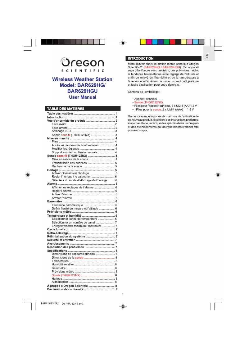 Página 1 del manual Manual de usuario Oregon Scientific BAR629HGU