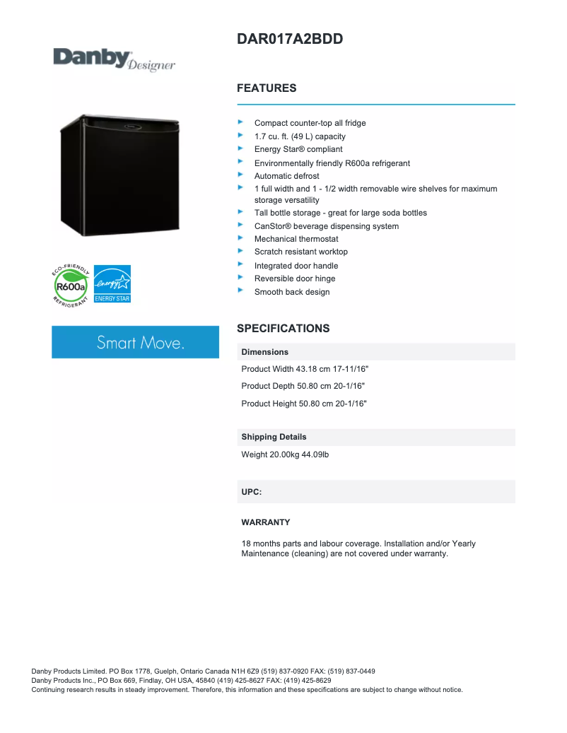 Página 1 del manual Ficha técnica Danby DAR017A2