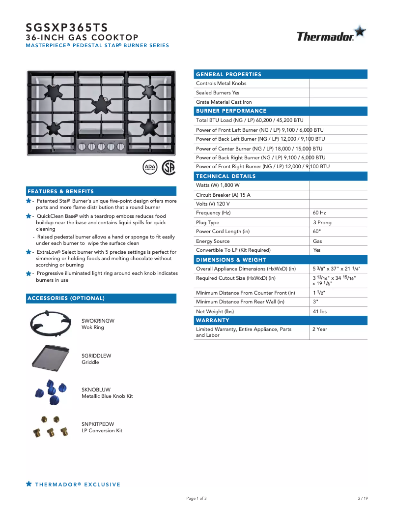 Página 1 del manual Ficha técnica Thermador SGSXP365TS