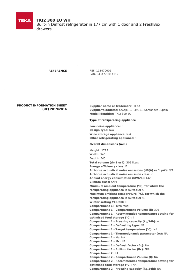Página 1 del manual Ficha técnica Teka TKI2 300