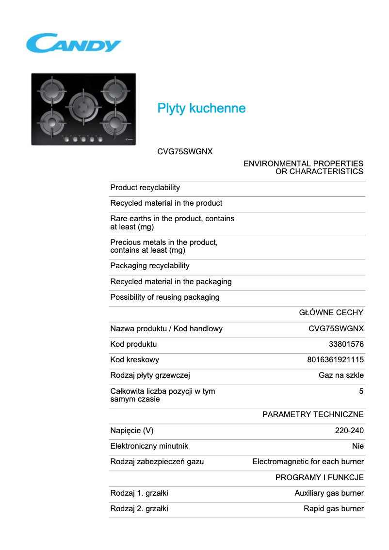Imagen de la primera página del manual del dispositivo CVG75SWGNX