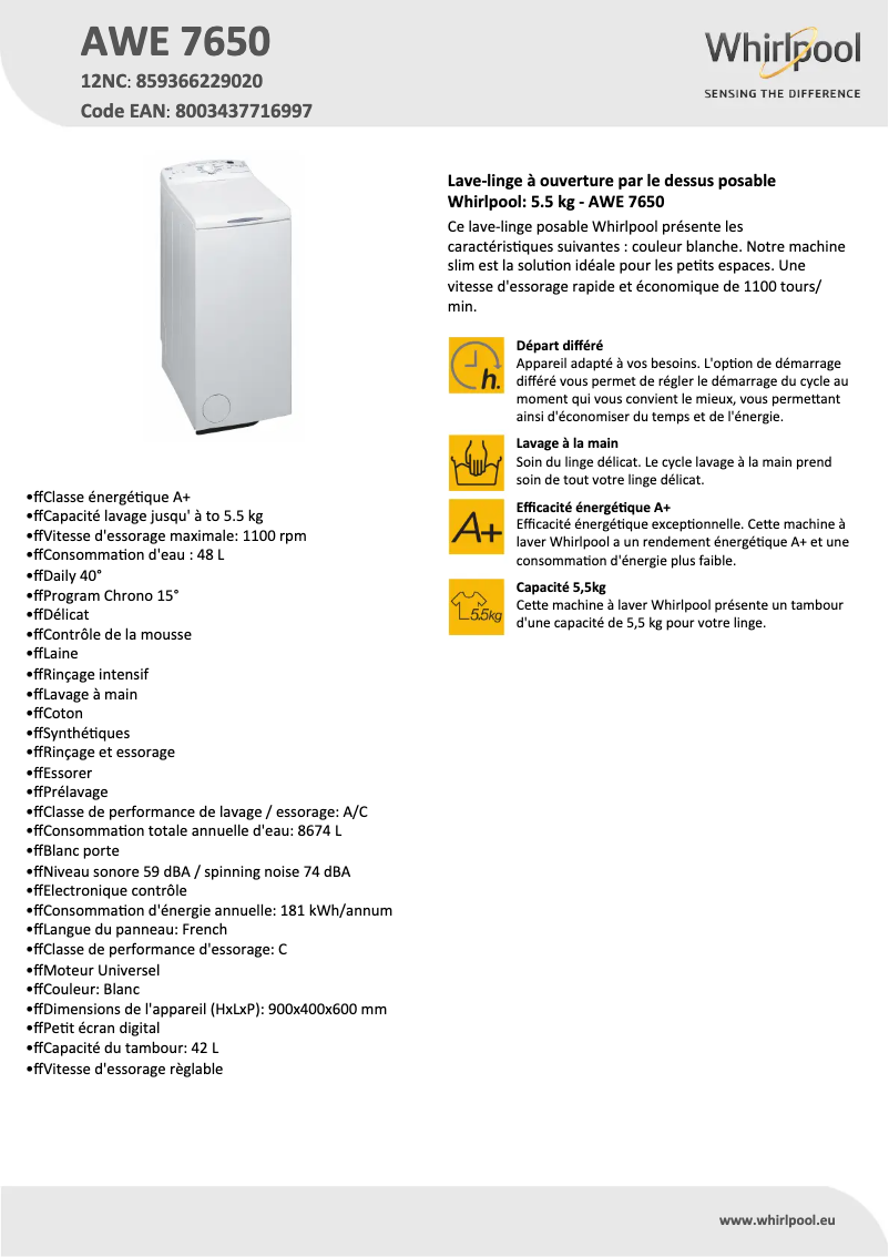 Página 1 del manual Ficha técnica Whirlpool AWE 7650