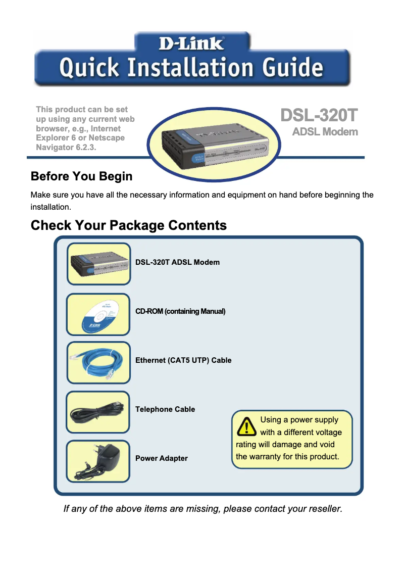 Imagen de la primera página del manual del dispositivo DSL-320T
