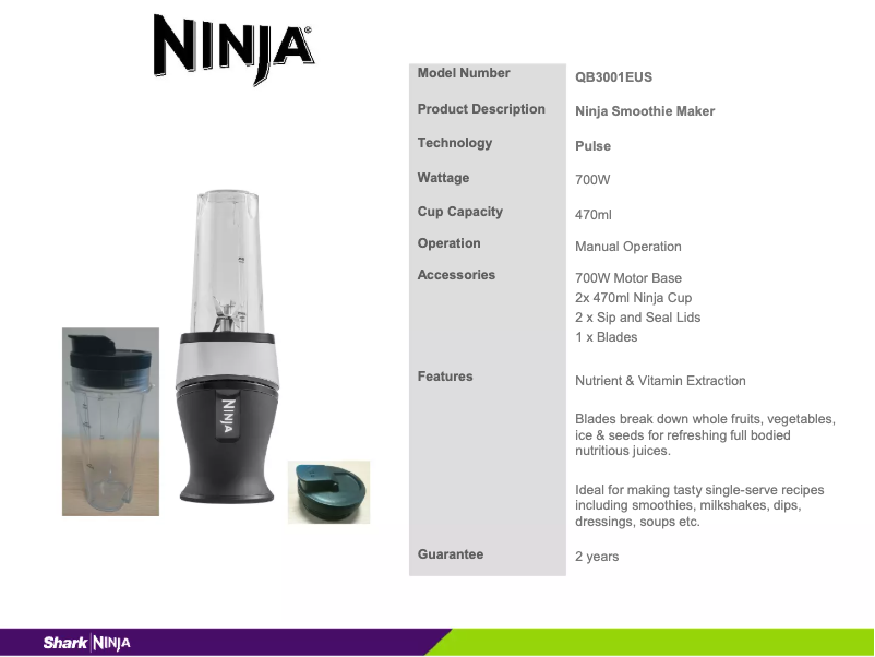 Página 1 del manual Ficha técnica Ninja QB3001EUS