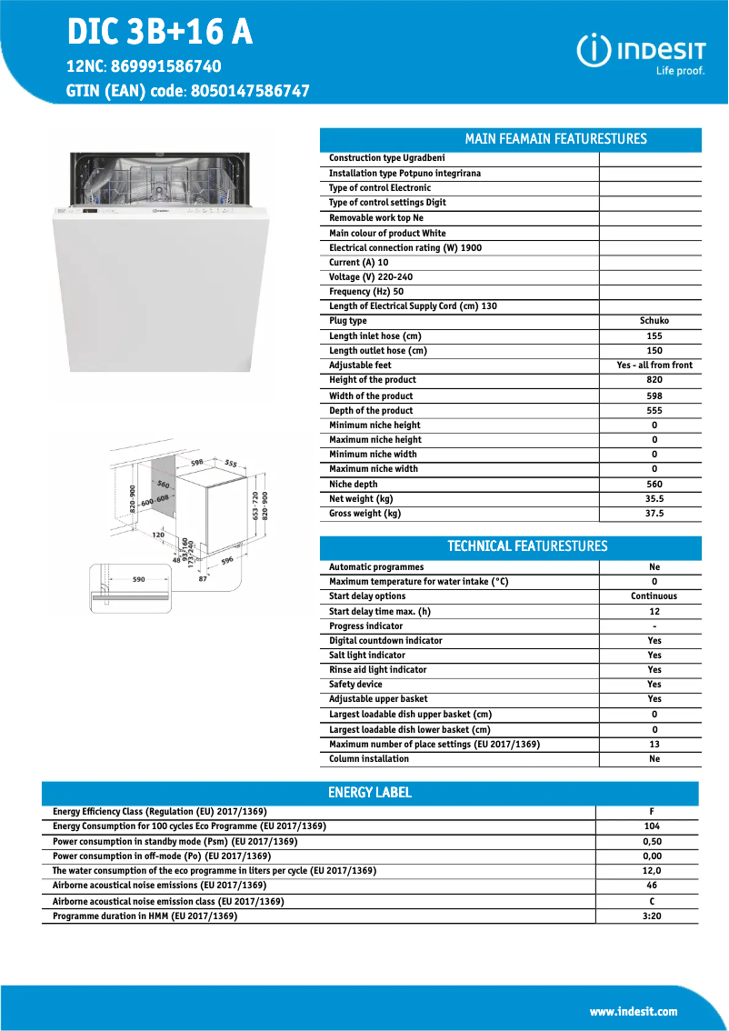 Página nº 1 - Ficha técnica Indesit DIC3B+16A