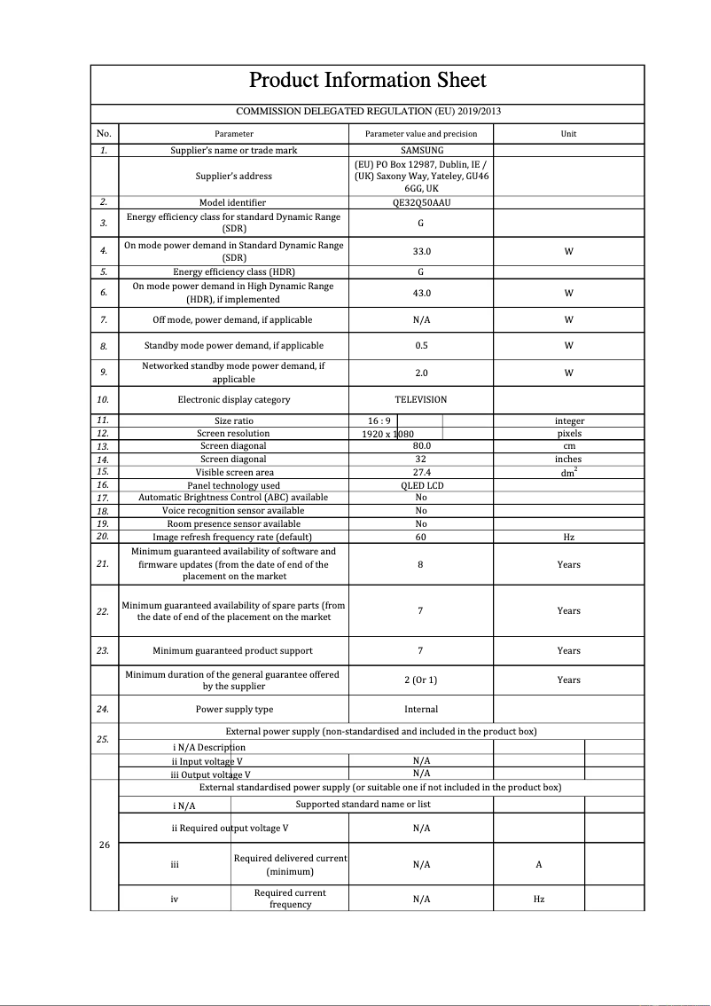 Página 1 del manual Ficha técnica Samsung QE32Q50A