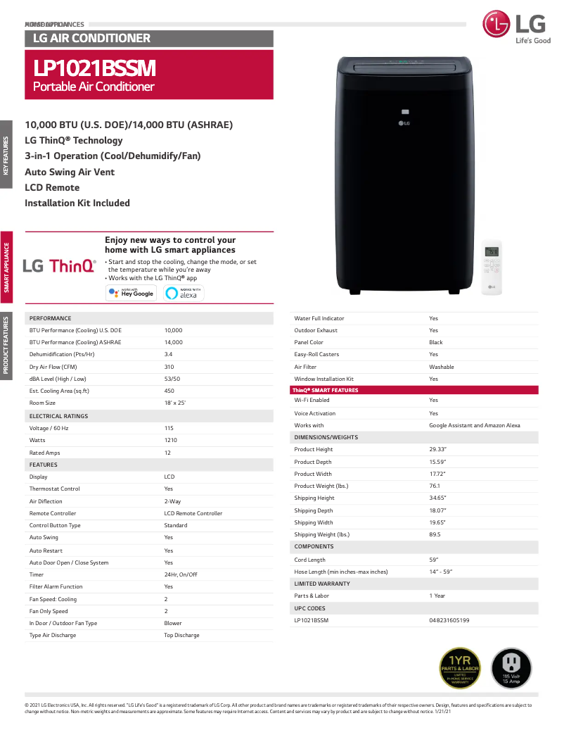 Página 1 del manual Ficha técnica LG LP1021BSSM