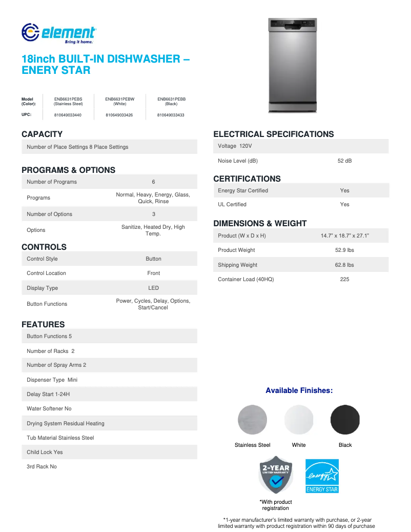 Página 1 del manual Ficha técnica Element ENB6631PEBW