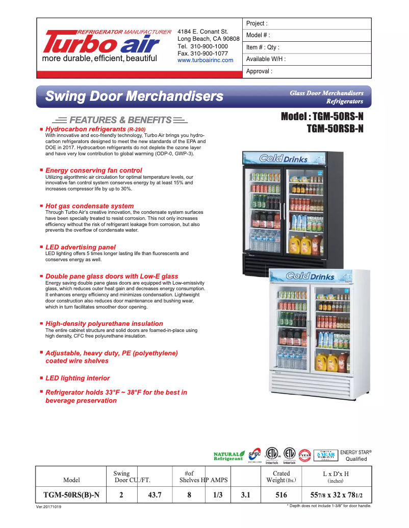 Página 1 del manual Ficha técnica Turbo air TGM-50RS