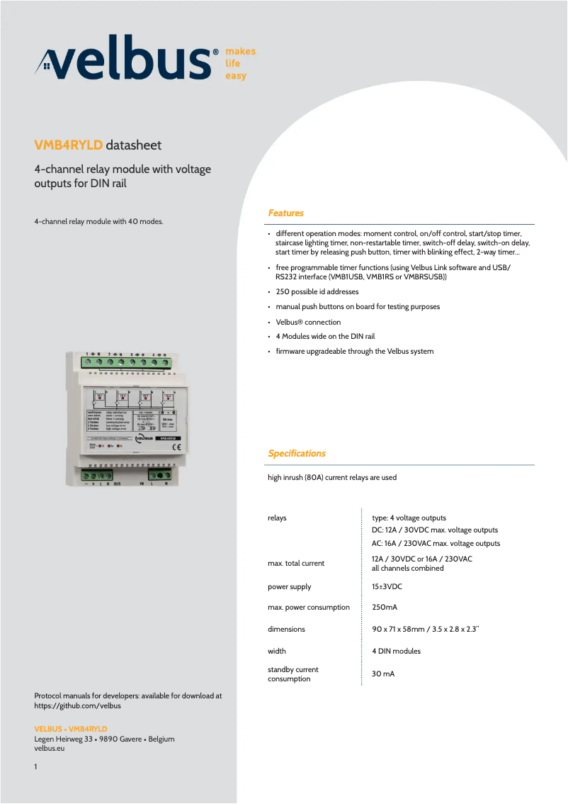 Página 1 del manual Ficha técnica Velbus VMB4RYLD
