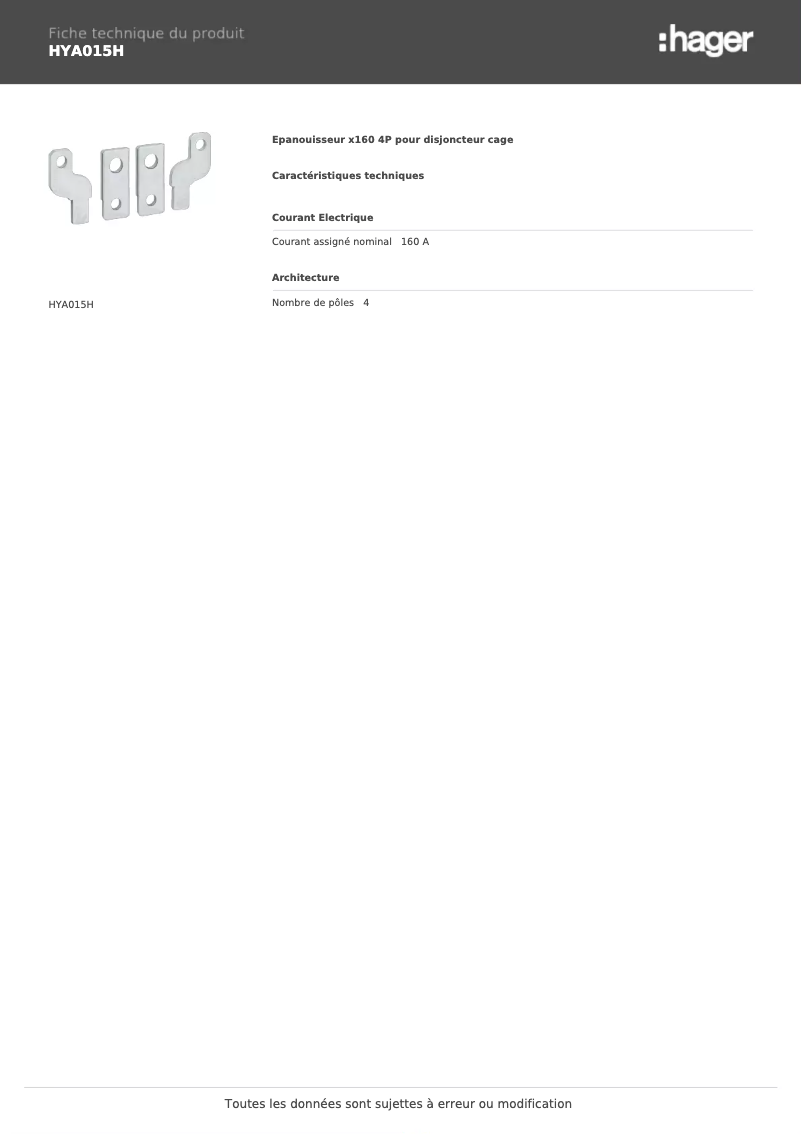 Página 1 del manual Ficha técnica Hager HYA015H