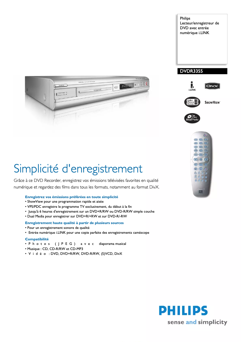 Página 1 del manual Ficha técnica Philips DVDR3355