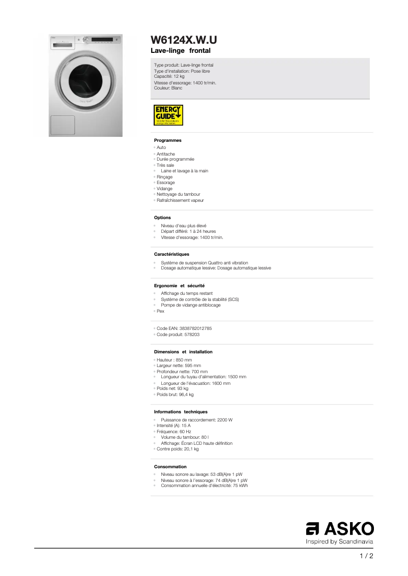 Página 1 del manual Ficha técnica Asko W6124X.W.U