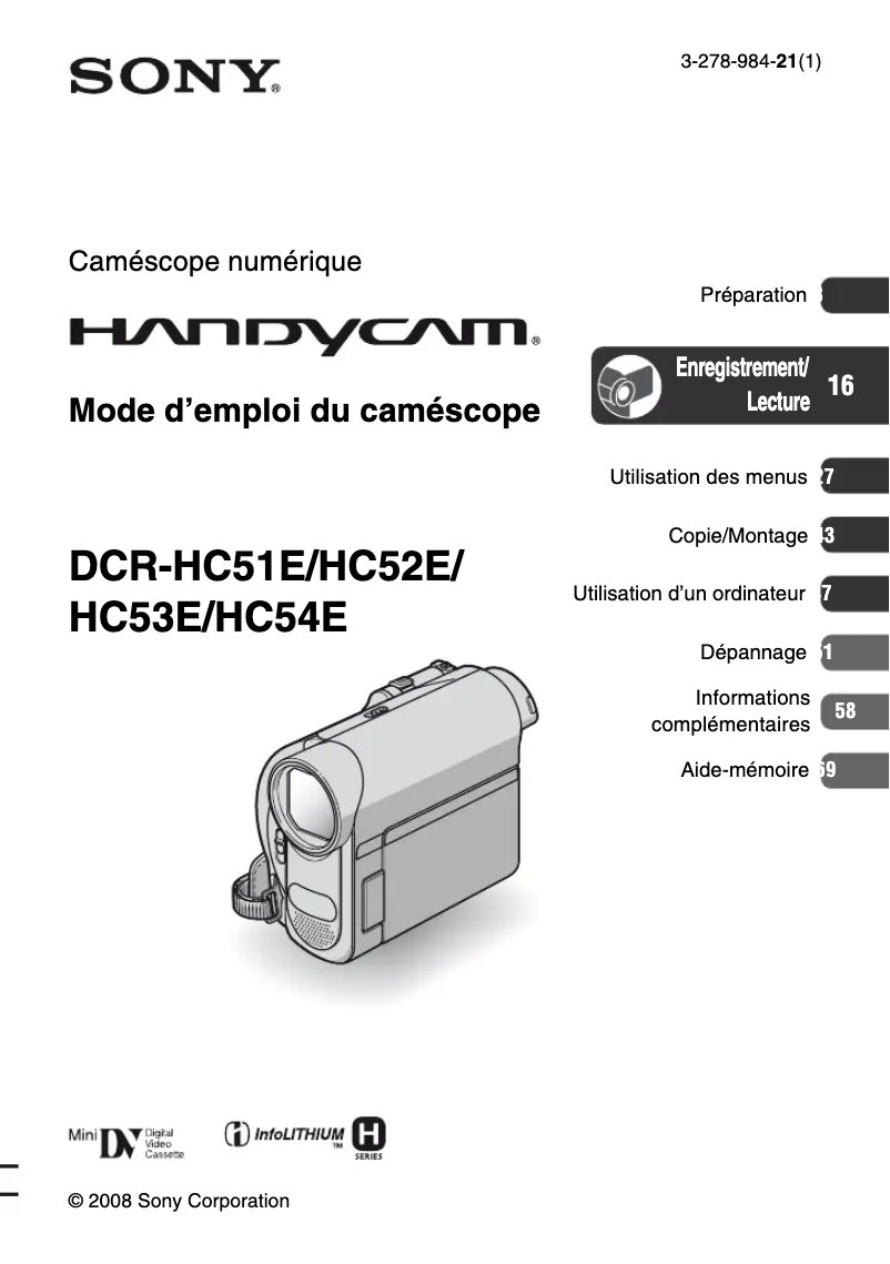 Imagen de la primera página del manual del dispositivo DCR-HC52E