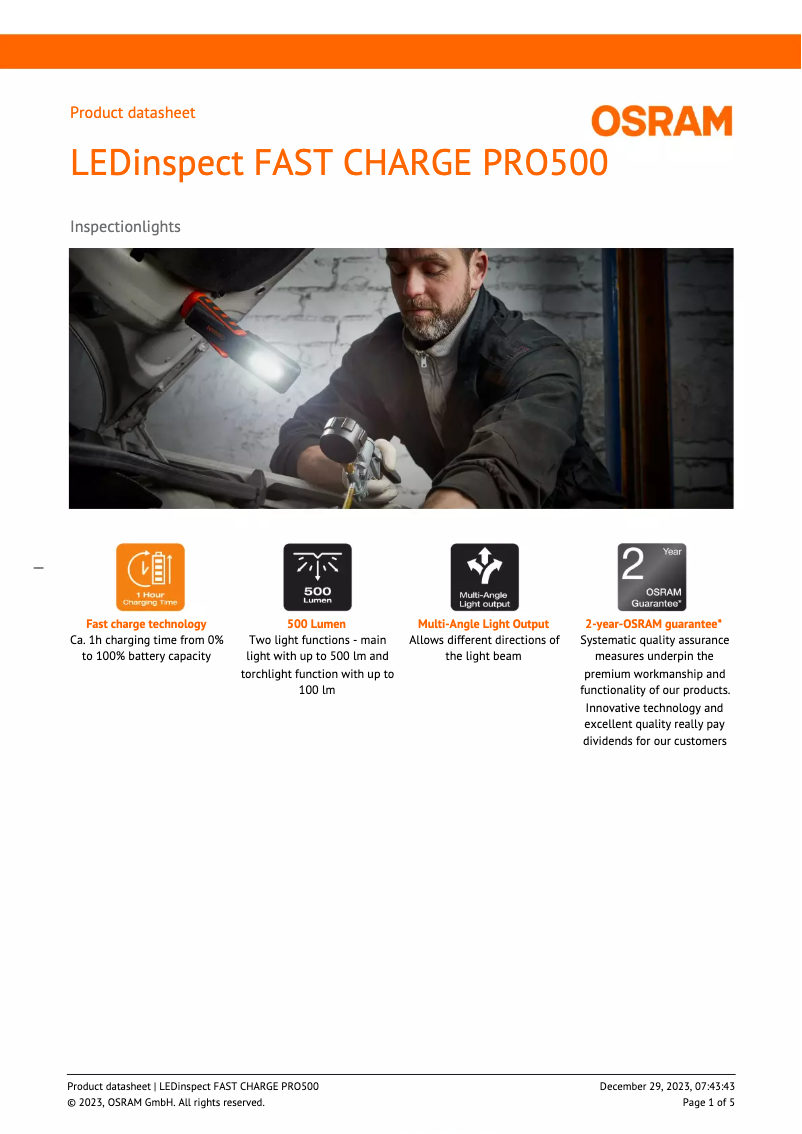 Página 1 del manual Ficha técnica Osram LEDinspect FAST CHARGE PRO500