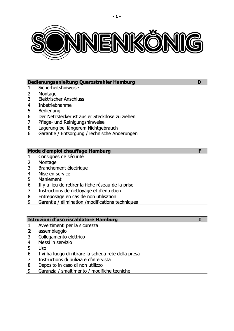 Página 1 del manual Manual de usuario Sonnenkönig Hamburg