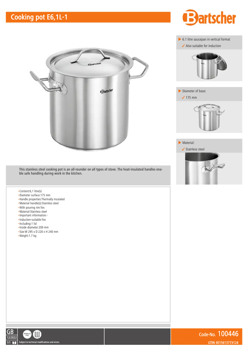 Página 1 del manual Ficha técnica Bartscher 100446