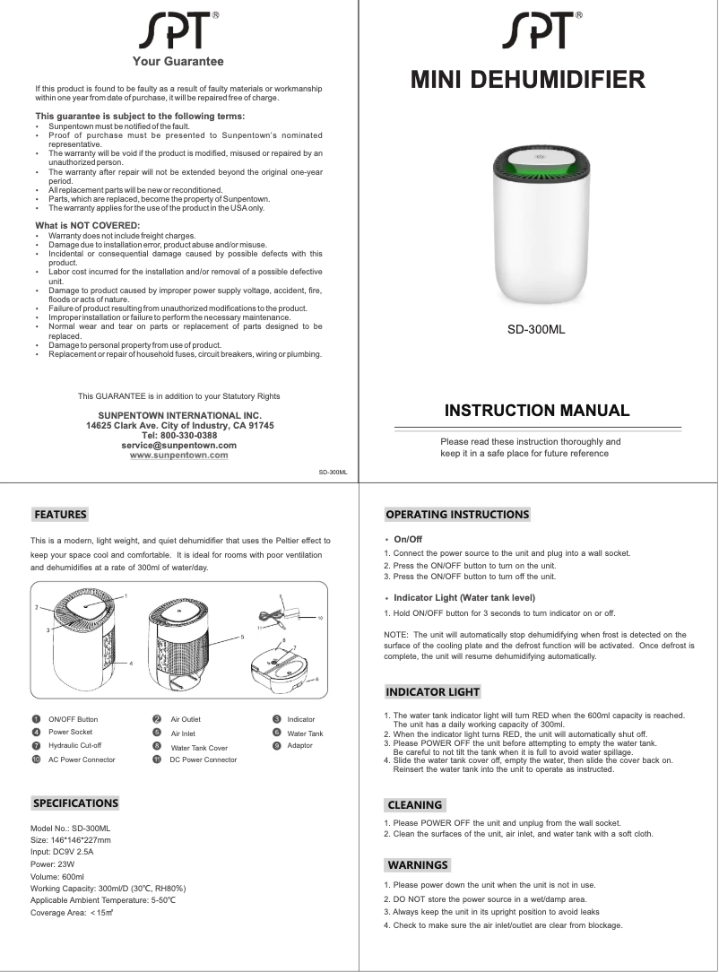 Página 1 del manual Manual de uso y mantenimiento SPT SD-300ML