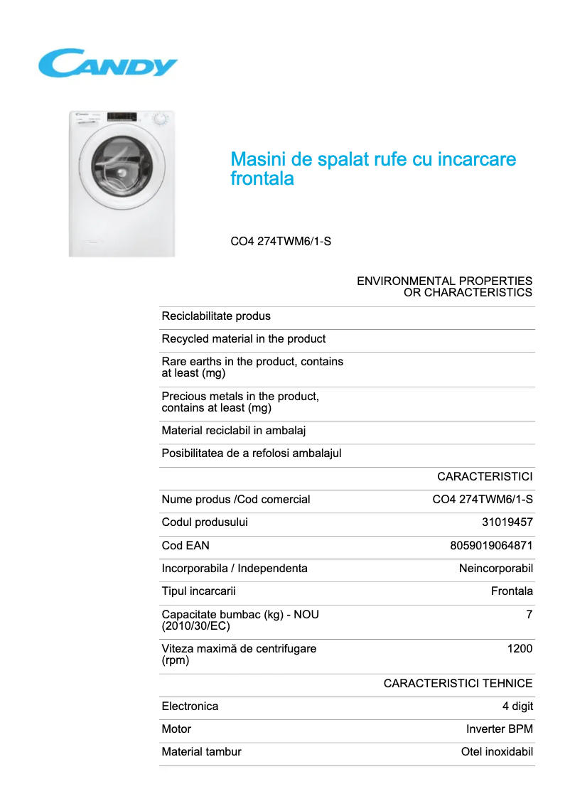 Página 1 del manual Ficha técnica Candy CO4 274TWM6/1-S