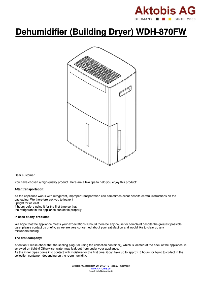 Imagen de la primera página del manual del dispositivo WDH-870FW