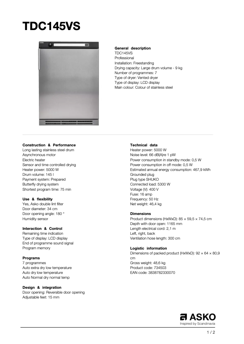 Imagen de la primera página del manual del dispositivo TDC145VS