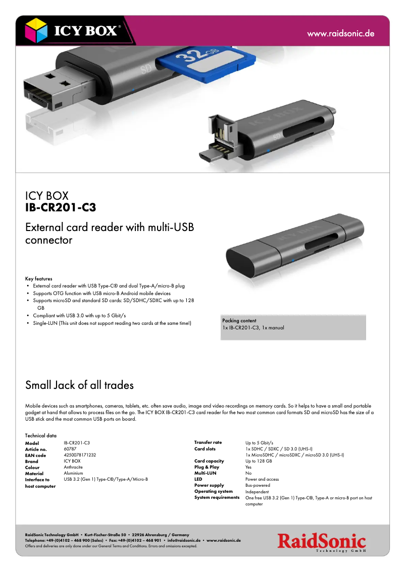 Página 1 del manual Ficha técnica Icy Box IB-CR201-C3