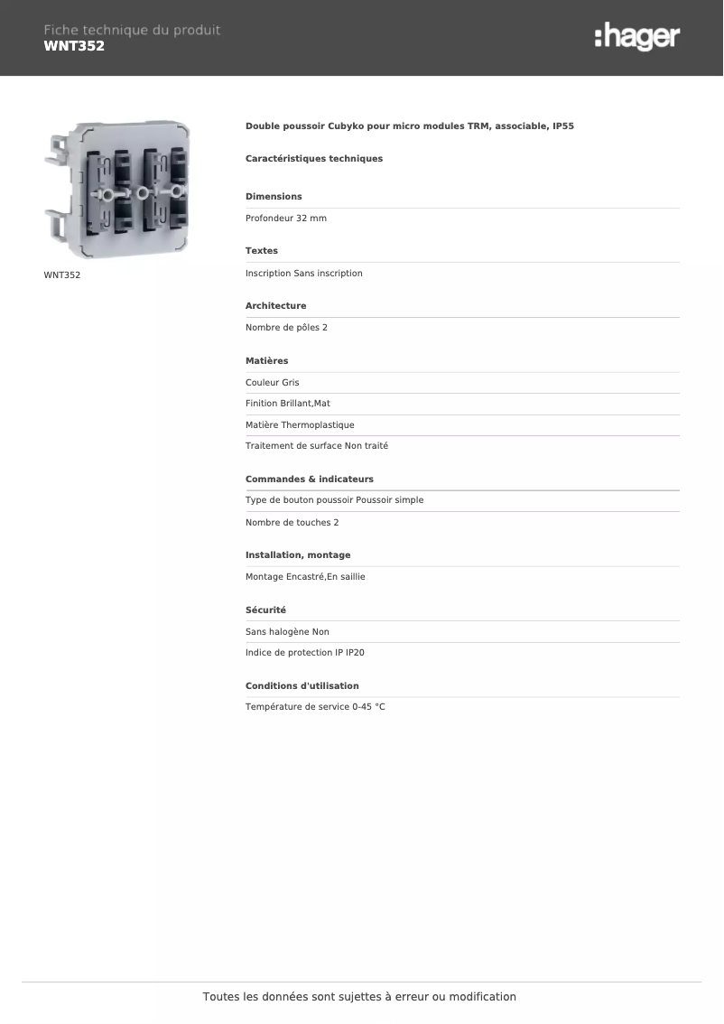 Página 1 del manual Ficha técnica Hager WNT352