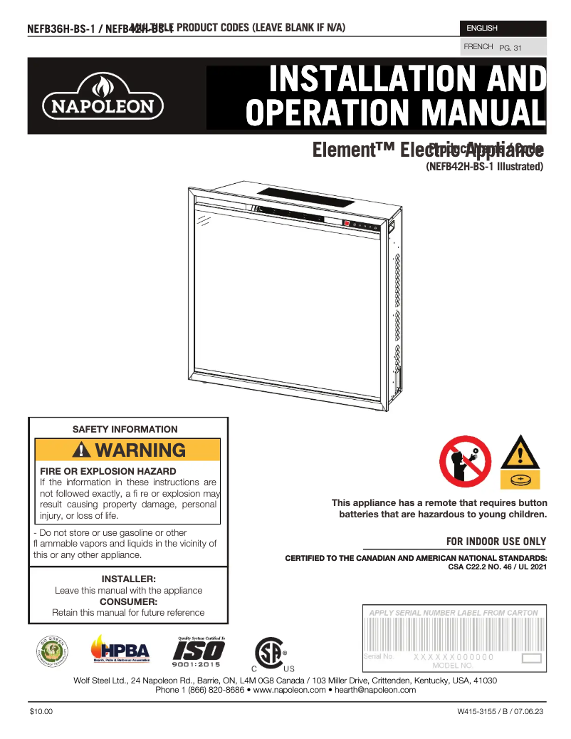 Imagen de la primera página del manual del dispositivo Element NEFB36H-BS-1