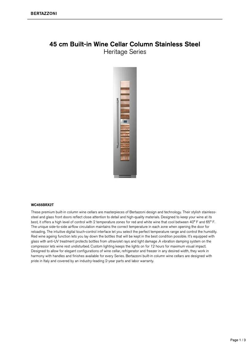 Página 1 del manual Ficha técnica Bertazzoni WC455BRX2T