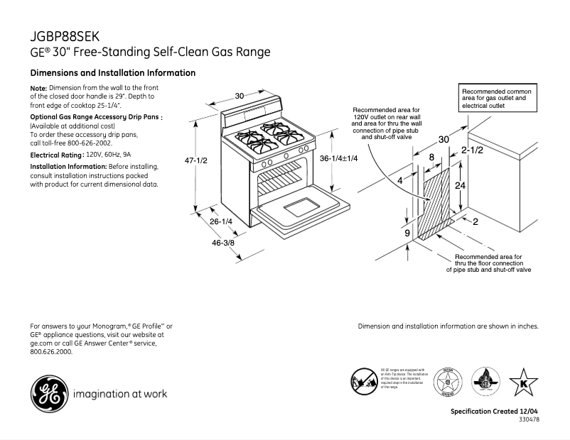 Página 1 del manual Ficha técnica GE JGBP88SEKSS