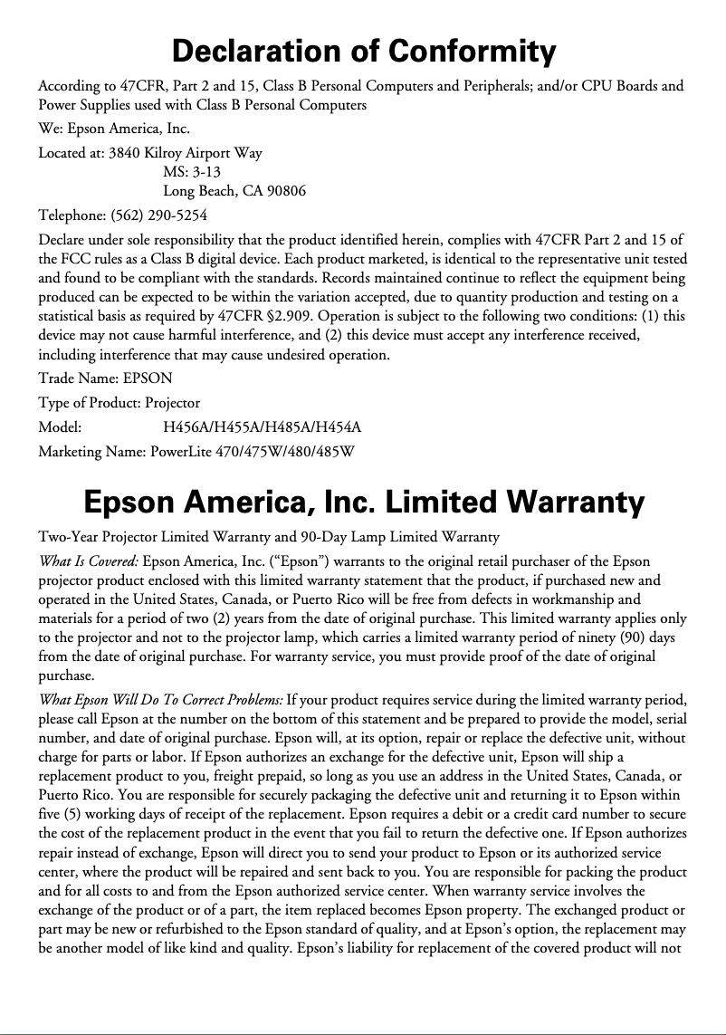 Página 1 del manual Información de garantía Epson PowerLite 470