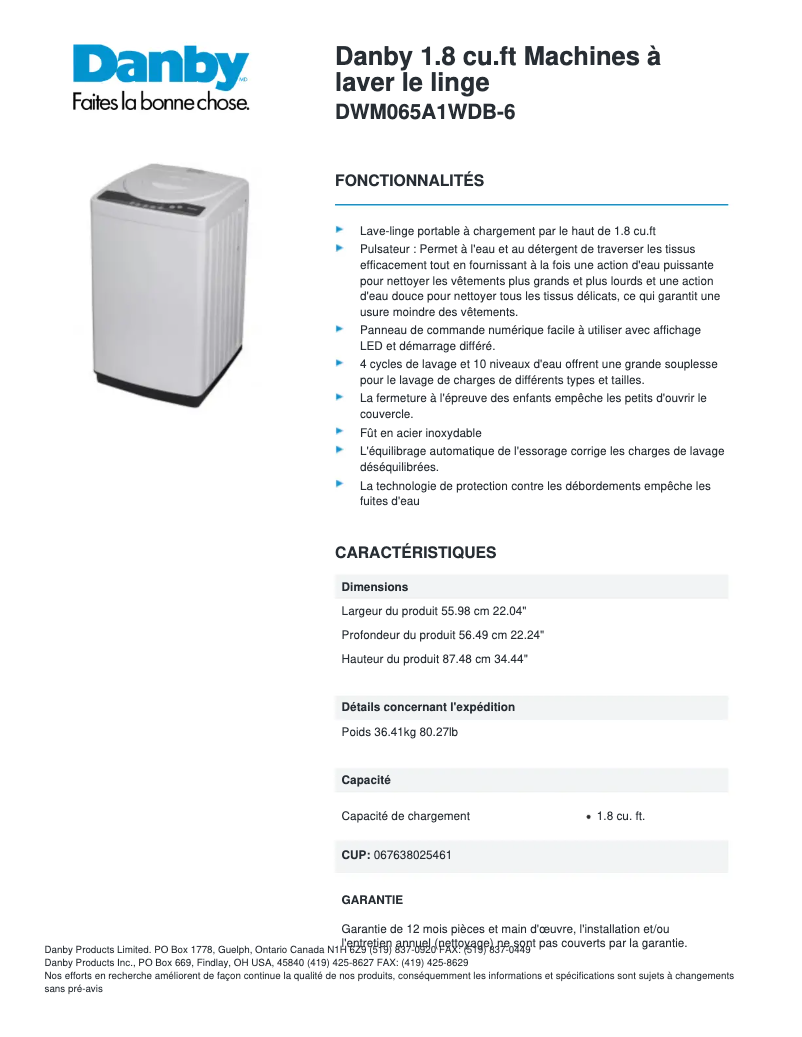 Página 1 del manual Ficha técnica Danby DWM065A1WDB-6