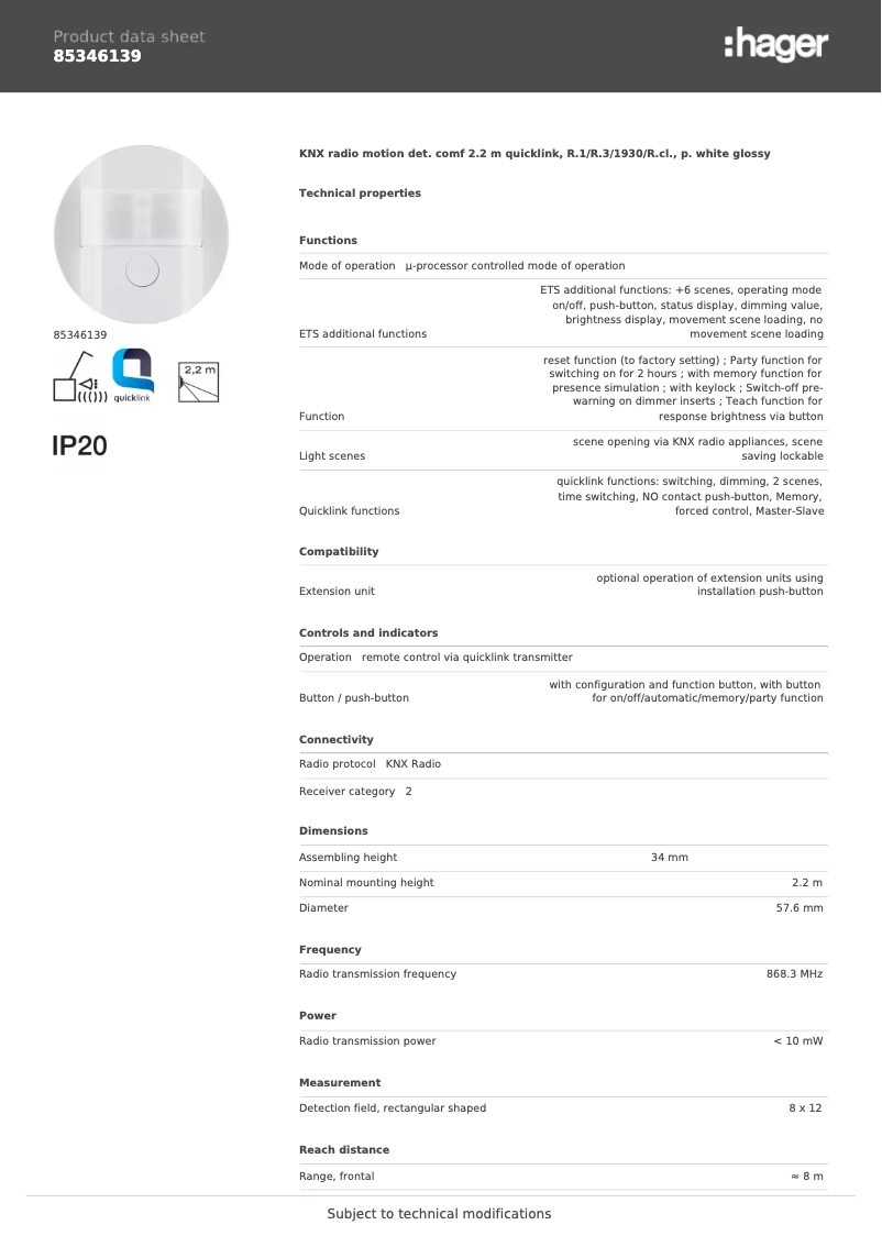 Página 1 del manual Ficha técnica Hager 85346139