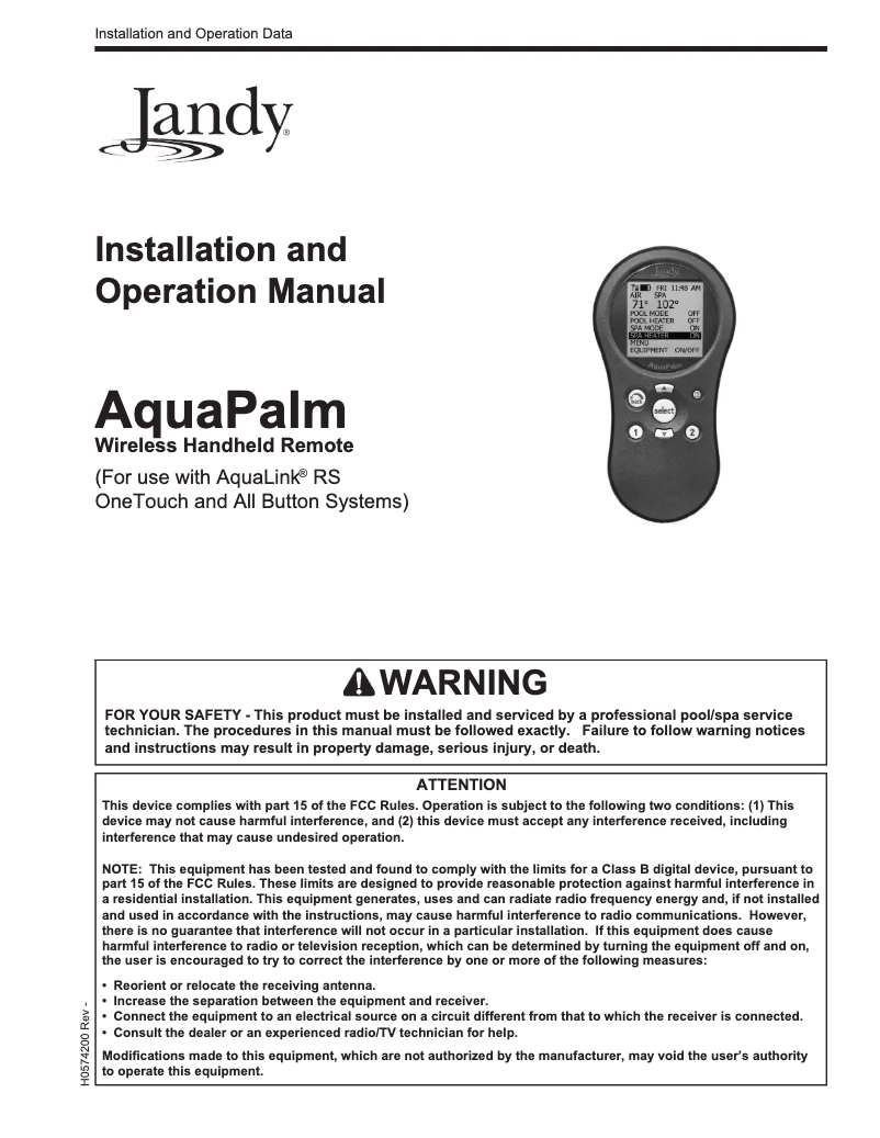 Imagen de la primera página del manual del dispositivo AquaLink Wireless Remote