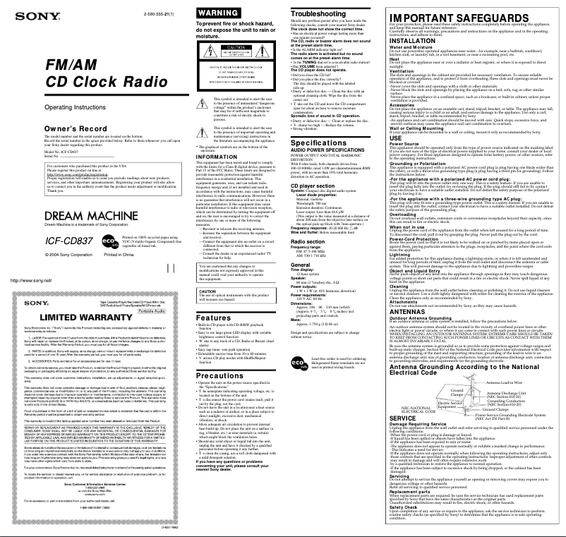 Imagen de la primera página del manual del dispositivo ICF-CD837