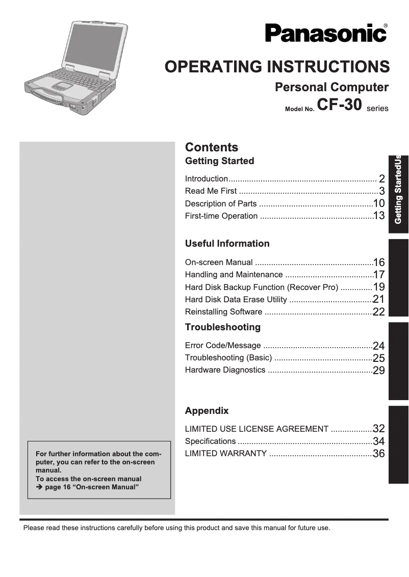 Imagen de la primera página del manual del dispositivo Toughbook CF-30F