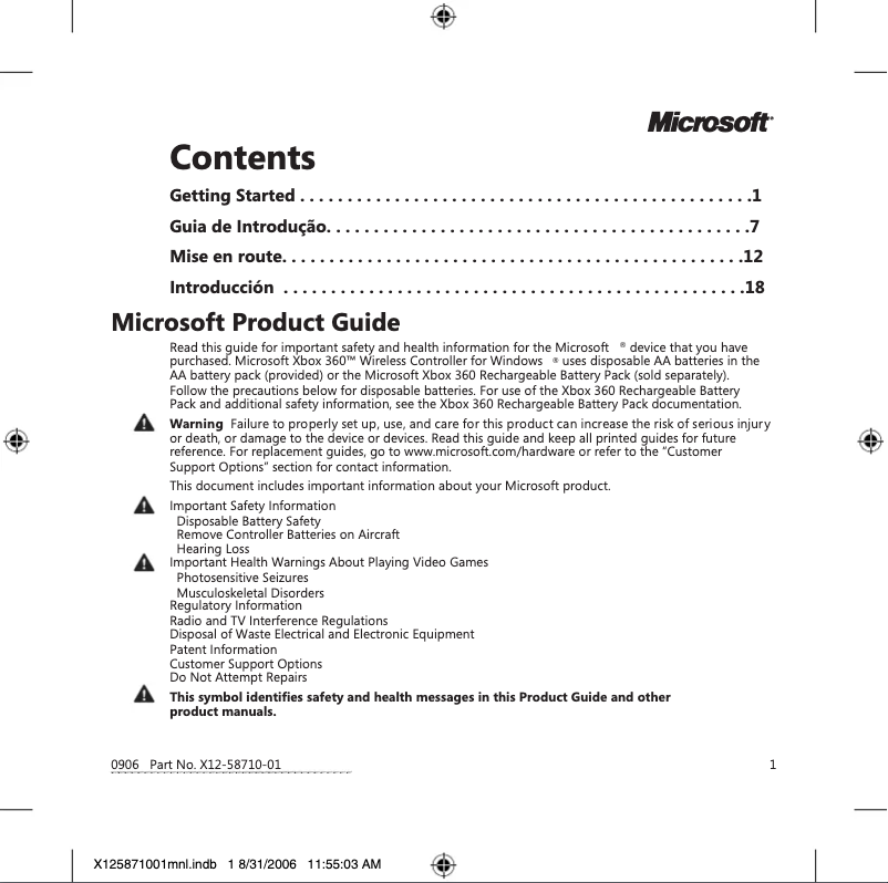 Imagen de la primera página del manual del dispositivo Wireless Xbox 360 Controller (Windows)