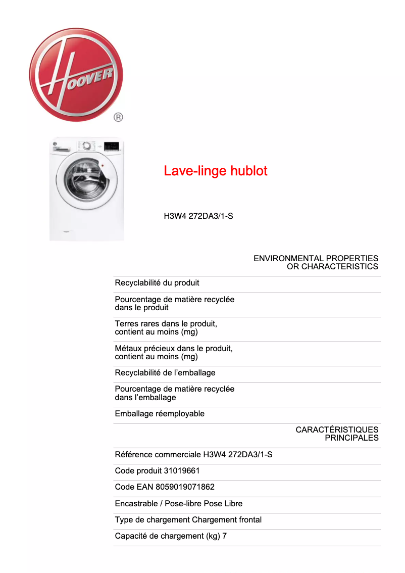 Página 1 del manual Ficha técnica Hoover H-WASH 300 LITE