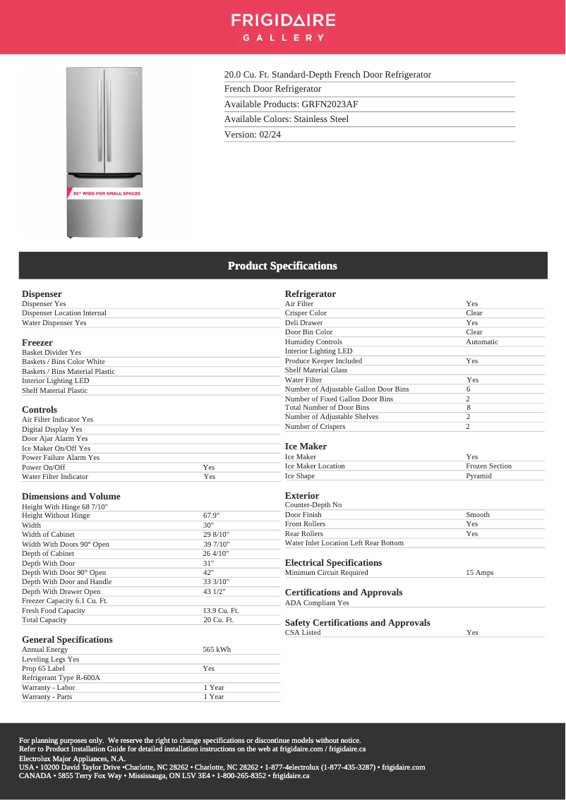 Página 1 del manual Ficha técnica Frigidaire GRFN2023AF