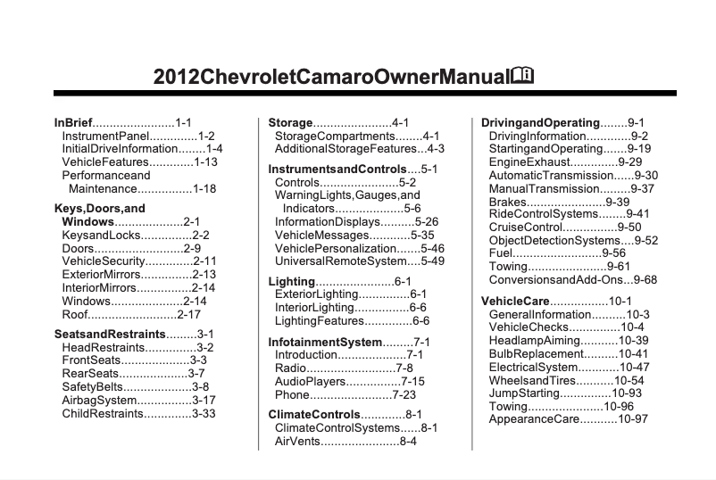 Imagen de la primera página del manual del dispositivo Camaro ZL1 (2012)