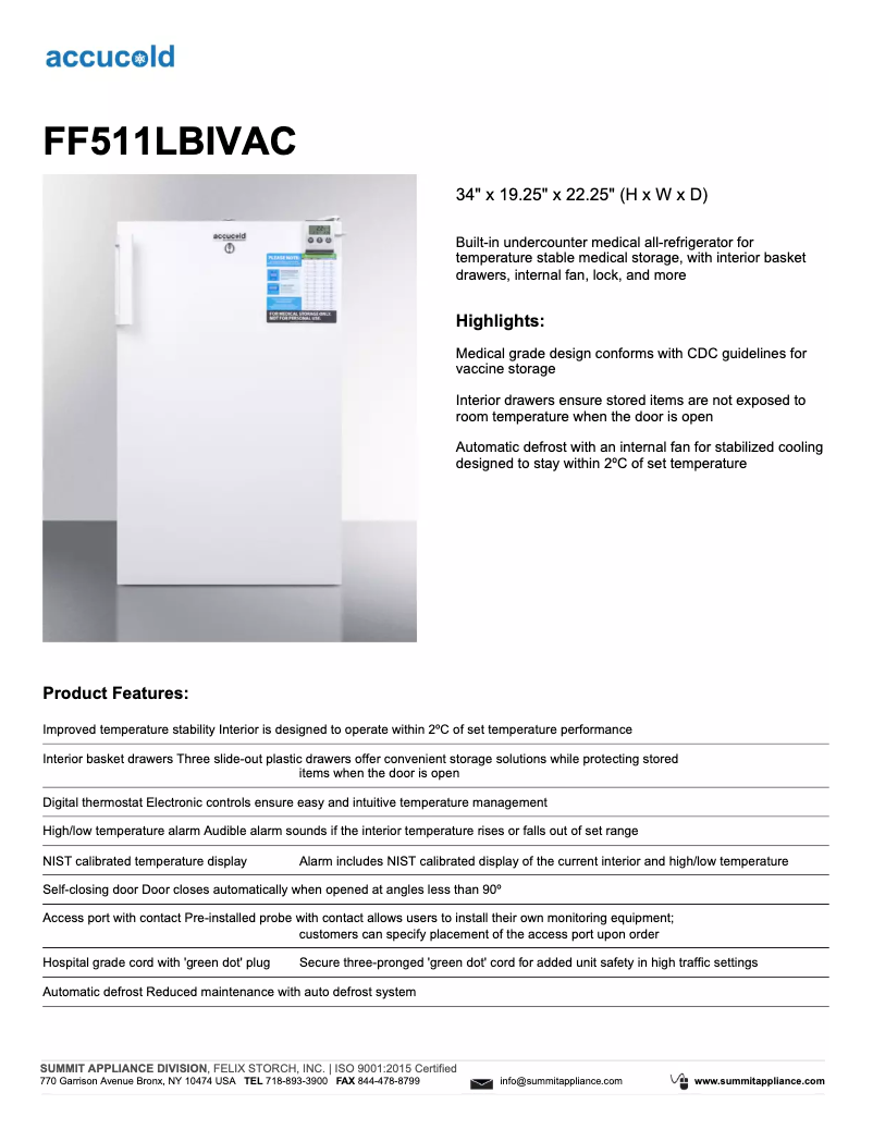 Imagen de la primera página del manual del dispositivo Accucold FF511LBIVAC