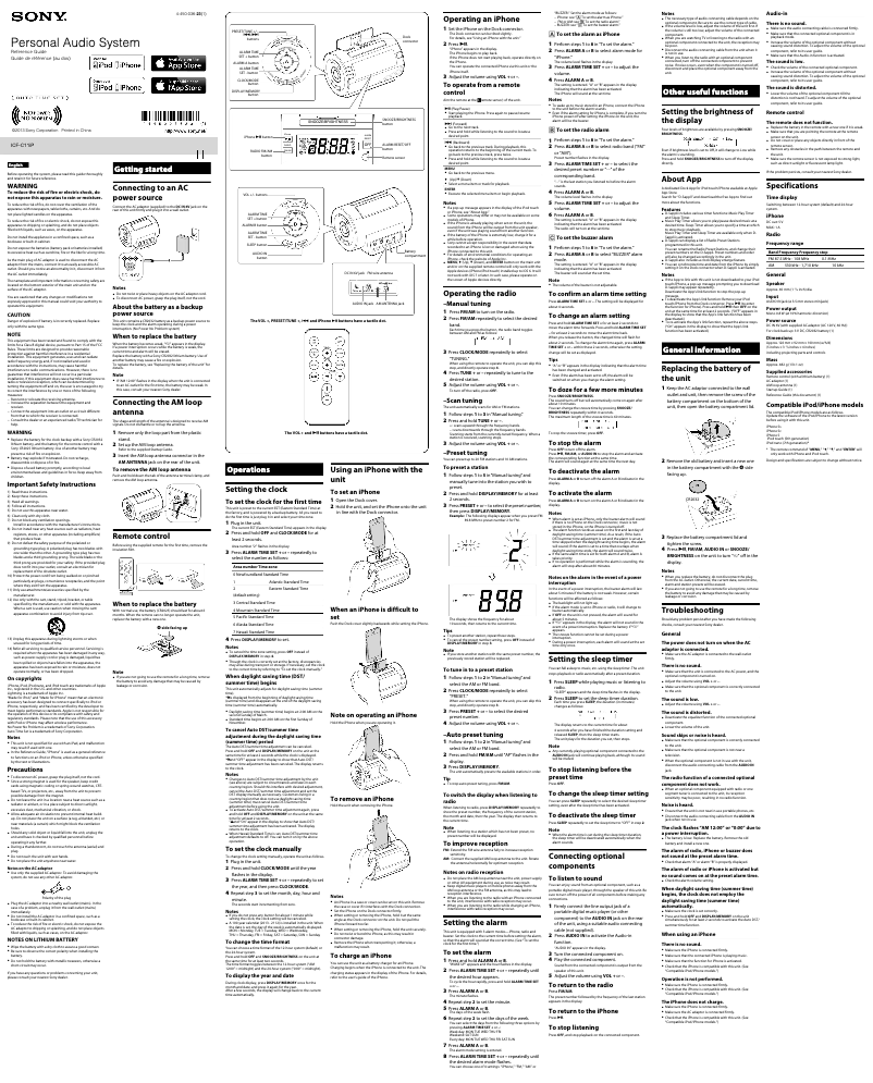 Imagen de la primera página del manual del dispositivo ICF-C11iP
