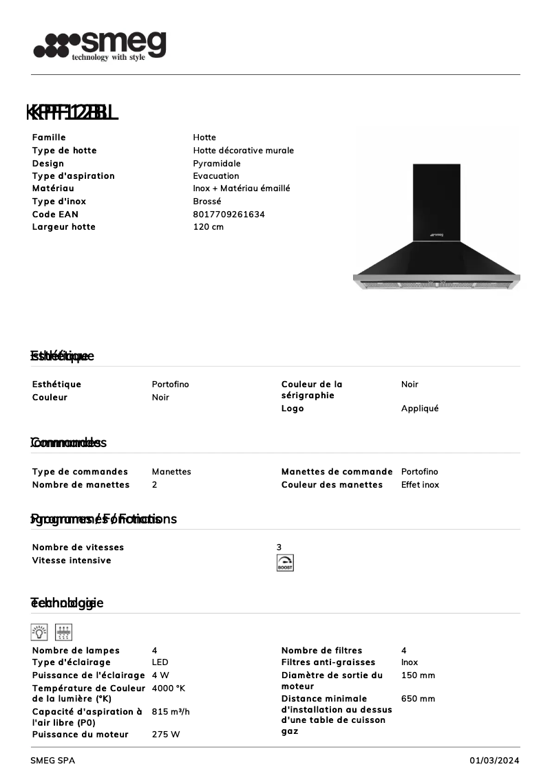 Página 1 del manual Ficha técnica Smeg KPF12BL