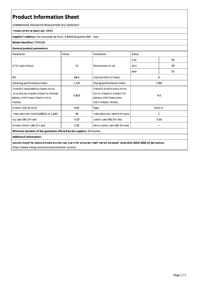 Página 1 del manual Ficha técnica Smeg ST65336L