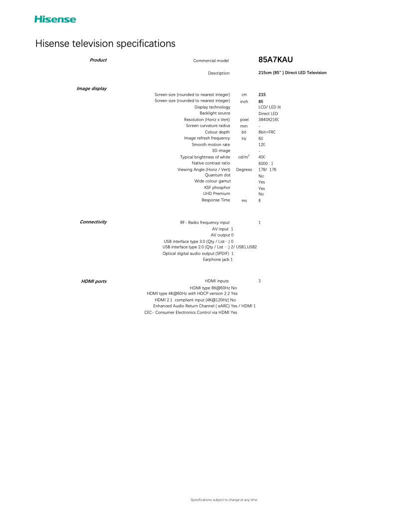 Página nº 1 - Ficha técnica Hisense 85A7KAU