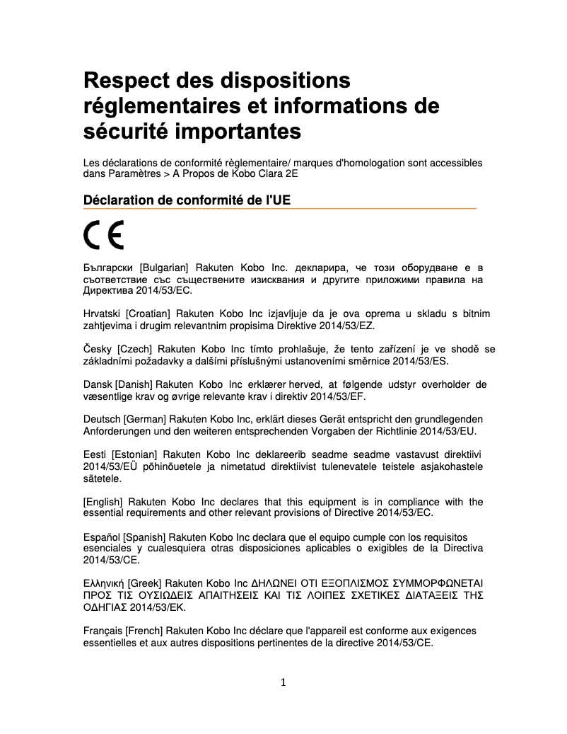 Página nº 1 - Instrucciones de seguridad Kobo Clara 2E