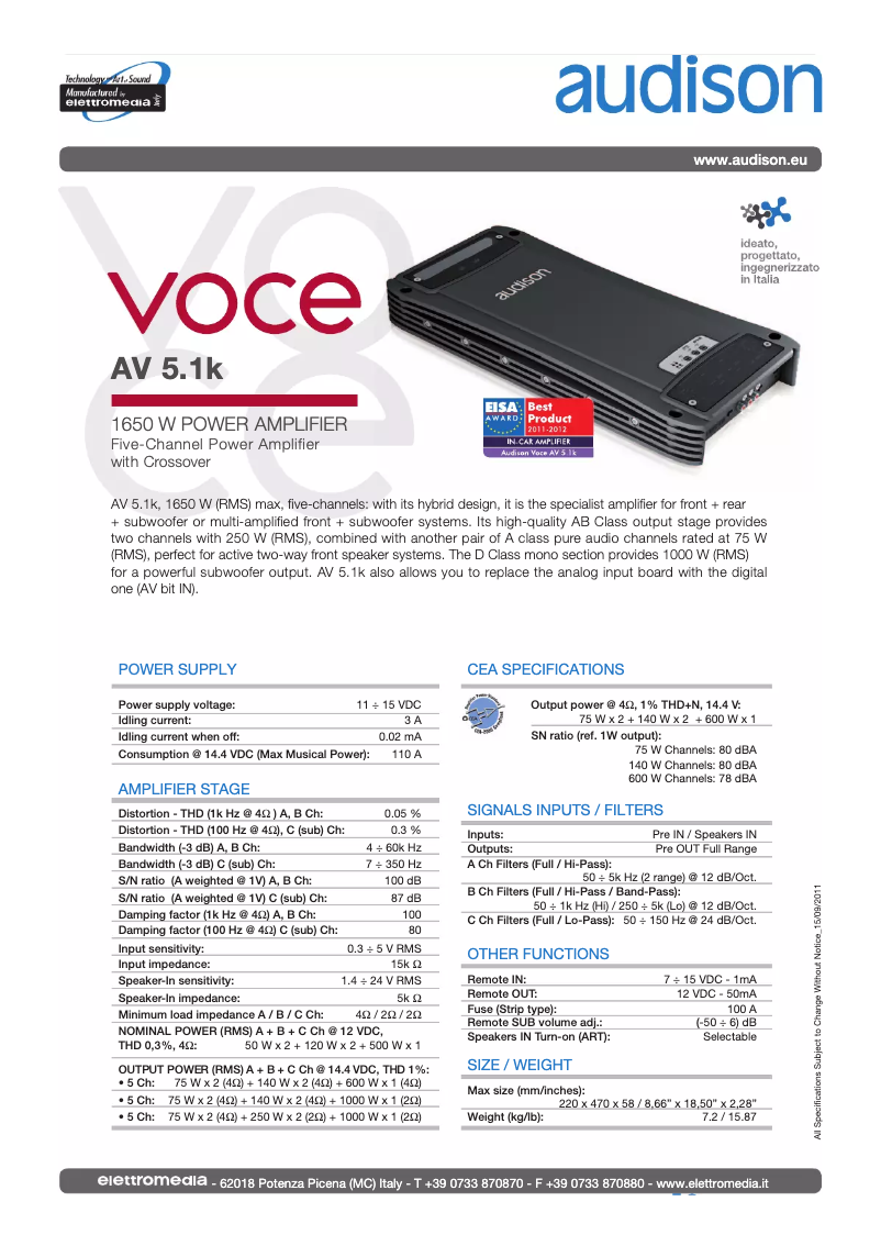 Página 1 del manual Ficha técnica Audison Voce AV 5.1k